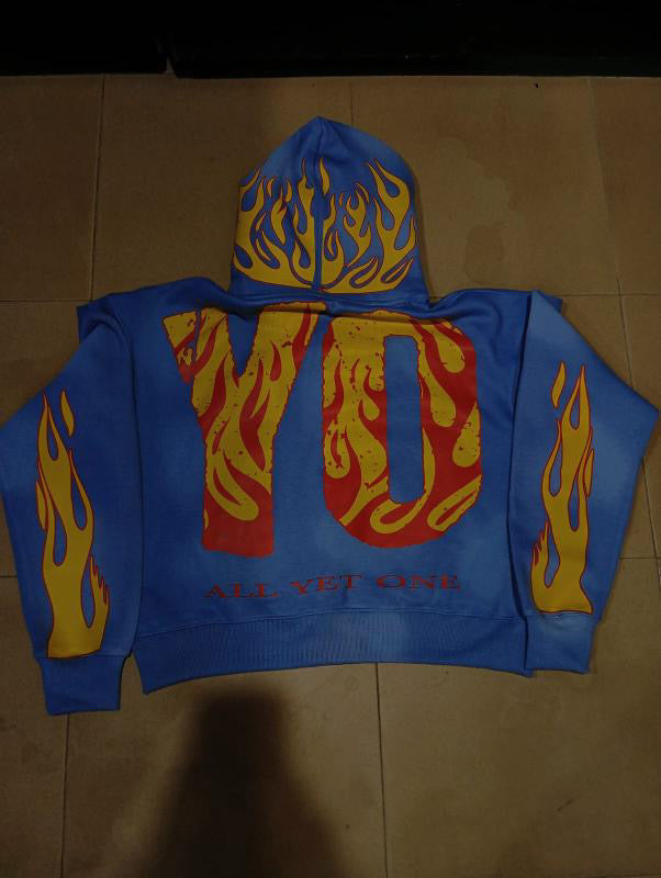 The BEST hoodie to wear in the cold this fall! ACID WASH blue with flames.