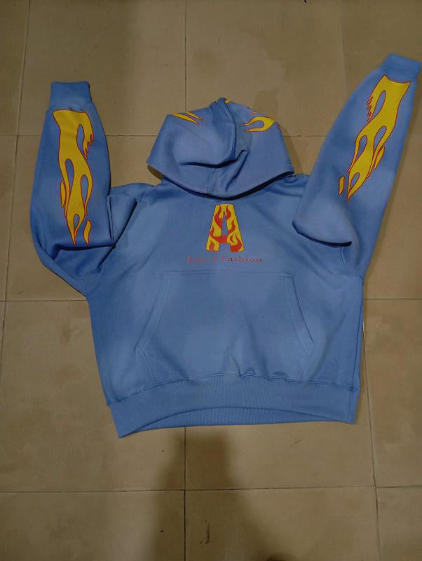 The BEST hoodie to wear in the cold this fall! ACID WASH blue with flames.