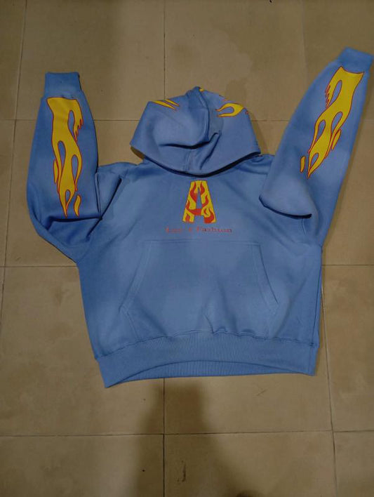 The BEST hoodie to wear in the cold this fall! ACID WASH blue with flames.